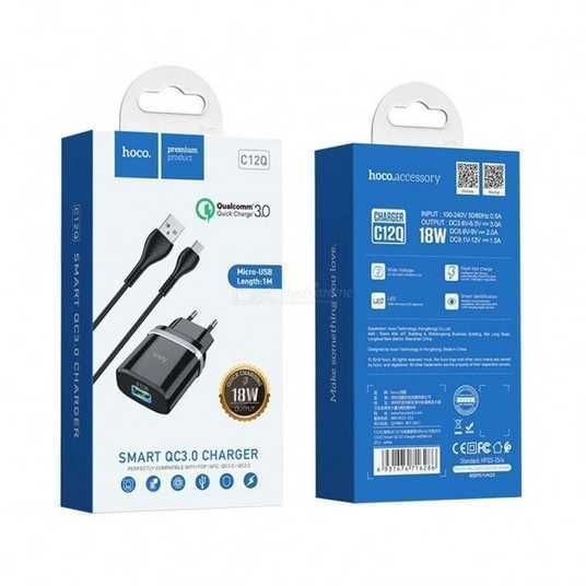 Сетевое зарядное устройство с кабелем HOCO C12Q Smart QC3.0 charger set(Micro) 18W Black