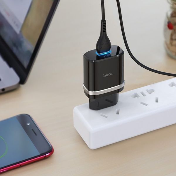 Сетевое зарядное устройство с кабелем HOCO C12Q Smart QC3.0 charger set(Micro) 18W Black
