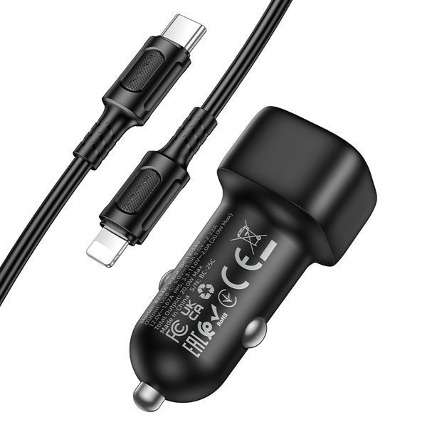 Автомобильное зарядное устройство BOROFONE BZ34A Cloud single port PD20W car charger set (C to iP) Black