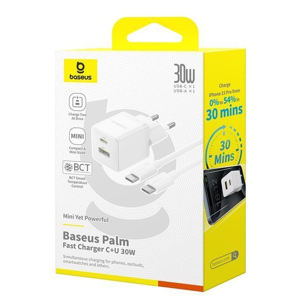 Сетевое зарядное устройство с кабелем Baseus Palm Fast Charger C+U 30W EU Moon White (с USB-C 20V/3A)