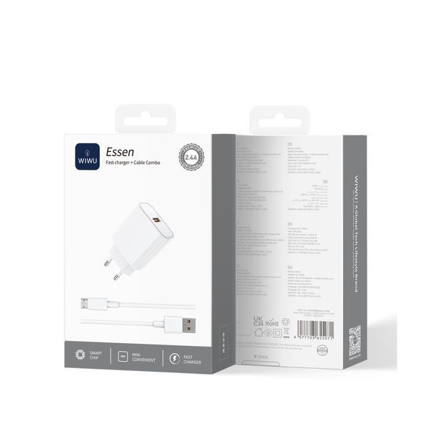 Сетевое зарядное устройство с кабелем WIWU 2.4A Essen GaN Fast Charger Combo с A-M cable Wi-G023 A-M EU White