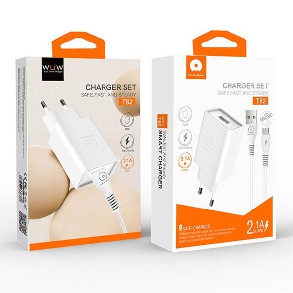 Сетевое зарядное устройство с кабелем WUW-T82 Single USB home charger set micro
