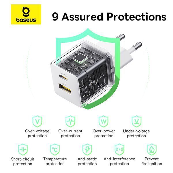Сетевое зарядное устройство с кабелем Baseus Palm Fast Charger C+U 30W EU Moon White (с USB-C 20V/3A)
