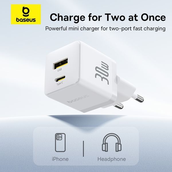 Сетевое зарядное устройство с кабелем Baseus Palm Fast Charger C+U 30W EU Moon White (с USB-C 20V/3A)