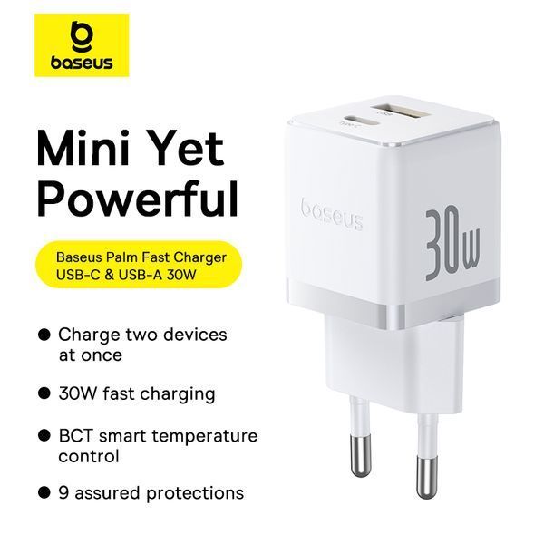 Сетевое зарядное устройство с кабелем Baseus Palm Fast Charger C+U 30W EU Moon White (с USB-C 20V/3A)