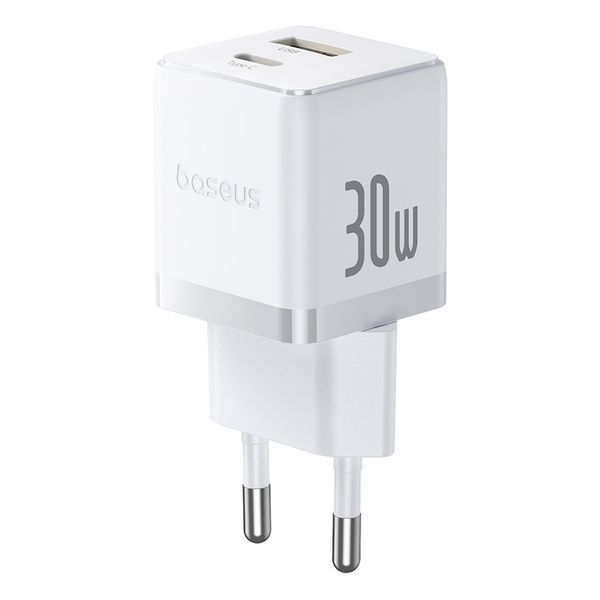 Сетевое зарядное устройство с кабелем Baseus Palm Fast Charger C+U 30W EU Moon White (с USB-C 20V/3A)