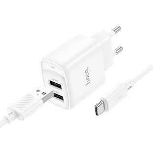 Сетевое зарядное устройство с кабелем HOCO C141A Smart dual-port charger set(Type-C) White