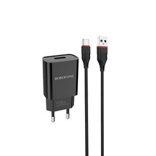 Сетевое зарядное устройство с кабелем BOROFONE BA20A Sharp single port charger set(Type-C) 10.5W Black