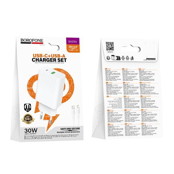 Сетевое зарядное устройство с кабелем BOROFONE BAS76A Source PD30W+QC3.0 charger set(C to iP) White