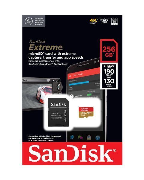 Карта пам'яті microSDXC (UHS-1 U3) SanDisk Extreme A2 256Gb class 10 V30 (R190MB/s,W130MB/s) (adapter SD)