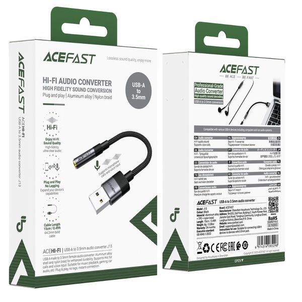 Аудиокабель ACEFAST J13 USB-A to 3.5mm female, nylon braid, 0.15m, Black