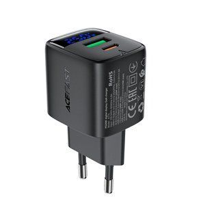 Мережевий зарядний пристрій ACEFAST A114 PD25W GaN charger (USB-A+USB-C) with digital display Black