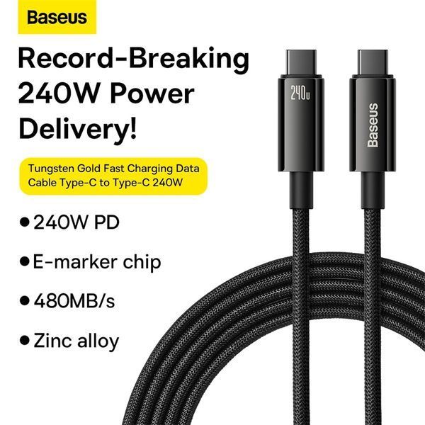 Кабель Baseus Tungsten Gold Fast Charging Data Cable Type-C to Type-C 240W 3m Black