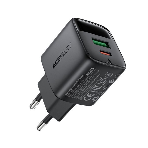 Сетевое зарядное устройство для ACEFAST A114 PD25W GaN charger (USB-A+USB-C) with digital display Black
