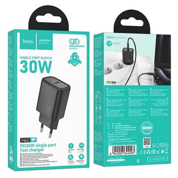 Сетевое зарядное устройство для HOCO N62 Gentle single port PD30W charger (EU) Black