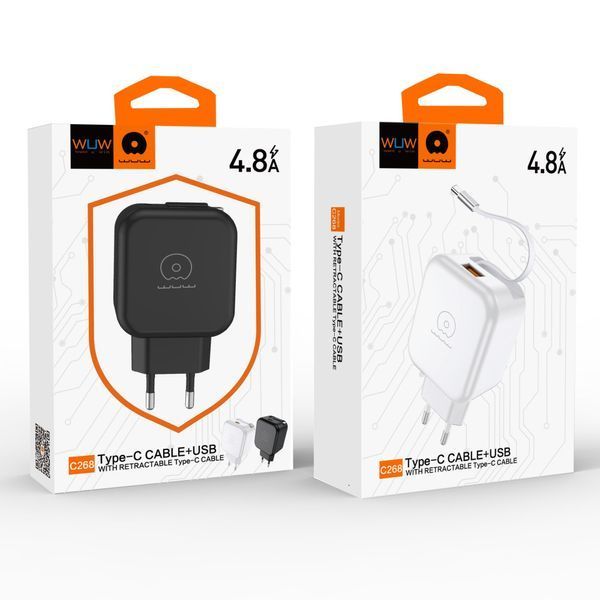 Мережевий зарядний пристрій з кабелем WUW-C268 12W fast charger USB A +retractable 70cm type c Cable