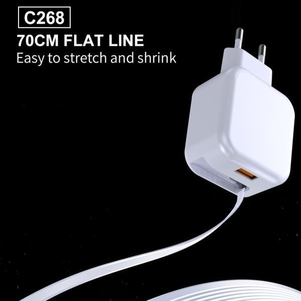 Мережевий зарядний пристрій з кабелем WUW-C268 12W fast charger USB A +retractable 70cm type c Cable