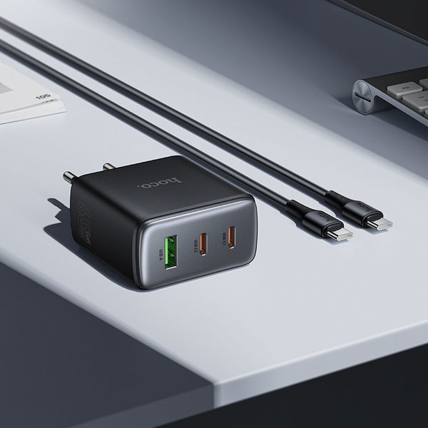 Мережевий зарядний пристрій з кабелем HOCO C160A Upgrade PD65W(2C1A) charger set(C to C) Black