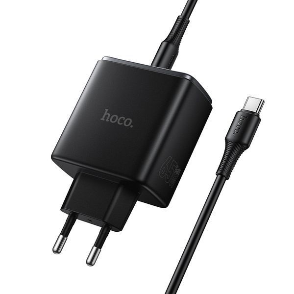 Мережевий зарядний пристрій з кабелем HOCO C160A Upgrade PD65W(2C1A) charger set(C to C) Black