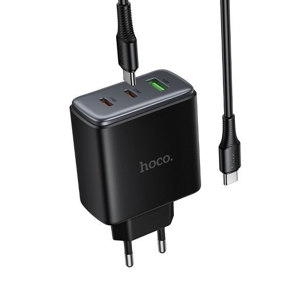 Мережевий зарядний пристрій з кабелем HOCO C160A Upgrade PD65W(2C1A) charger set(C to C) Black
