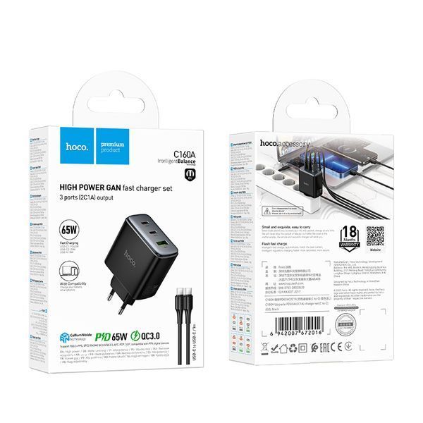 Мережевий зарядний пристрій з кабелем HOCO C160A Upgrade PD65W(2C1A) charger set(C to C) Black