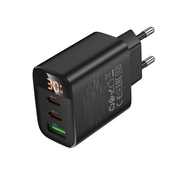 Сетевое зарядное устройство BOROFONE BA98A Ilustre PD30W (2C1A) Charger with digital display (EU) Black