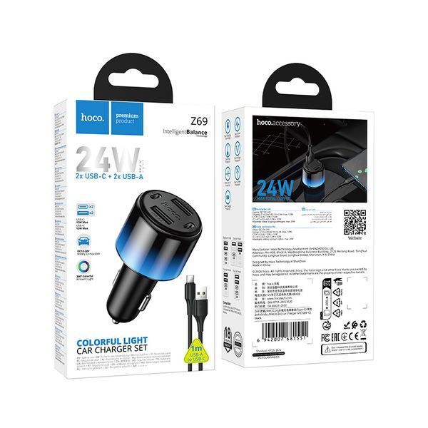 Автомобильное зарядное устройство HOCO Z69 Vivido 24W(2C2A) car charger set(Type-C) Black