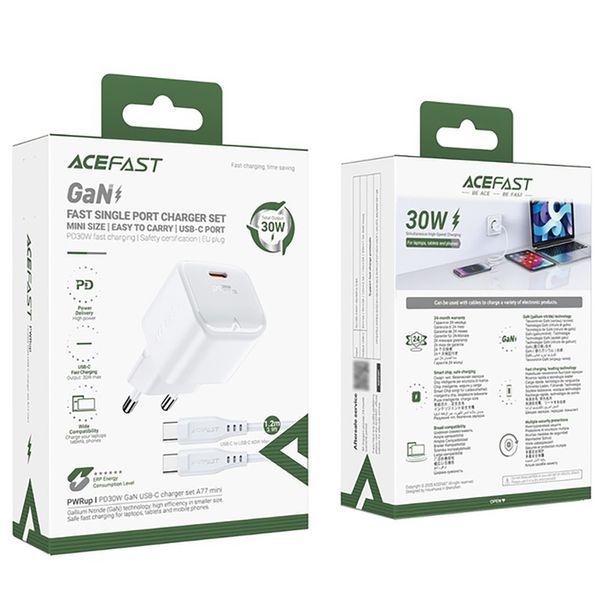 Сетевое зарядное устройство с кабелем ACEFAST A77 mini PD30W GaN single USB-C charger set (C3-03) White