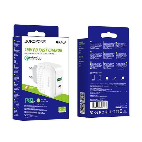 Сетевое зарядное устройство BOROFONE BA46A Premium PD + QC3.0 18W White