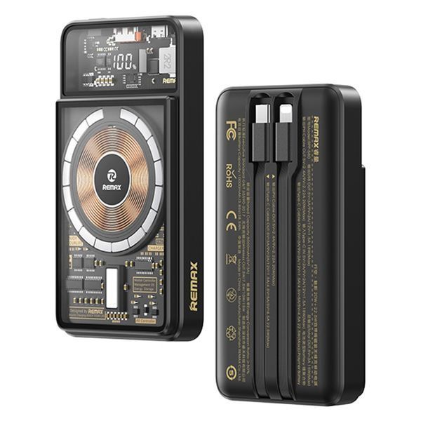 Зовнішній акумулятор REMAX Walking&middot;Phantom Series PD20W+QC22.5W Cabled Magnetic Wireless Charging Power Bank 10000mAh RPP-580 Black