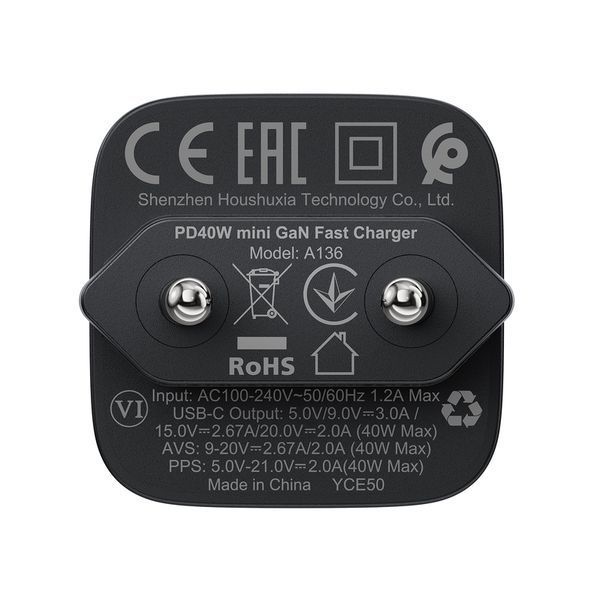 Сетевое зарядное устройство для ACEFAST A136 PD40W mini GaN USB-C fast charger Black