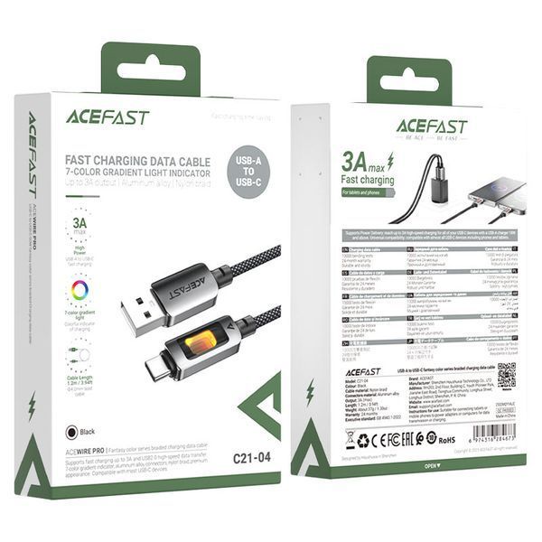 Кабель ACEFAST C21-04 USB-A to USB-C fantasy color series braided Charging data cable Black