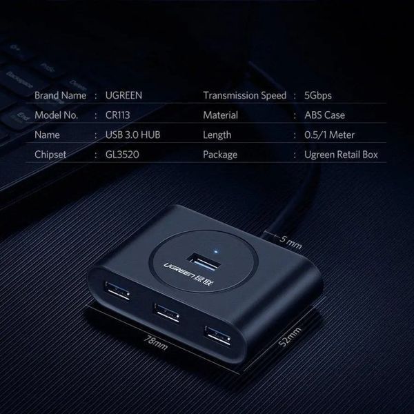 USB-хаб UGREEN USB 3.0 Hub 0.5m (Black)