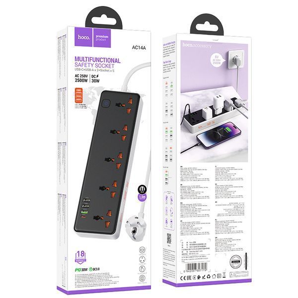 Мережевий подовжувач HOCO AC14A Rico 5-position socket(PD30W/1C3A) Black
