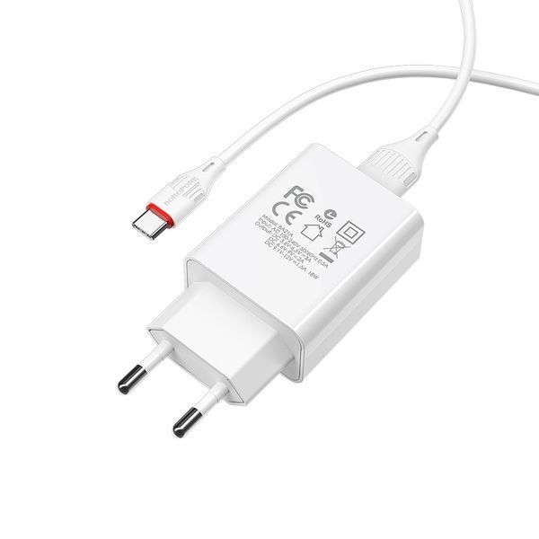 Сетевое зарядное устройство с кабелем BOROFONE BA21A Long journey single port QC3.0 charger set(Type-C) 18W White