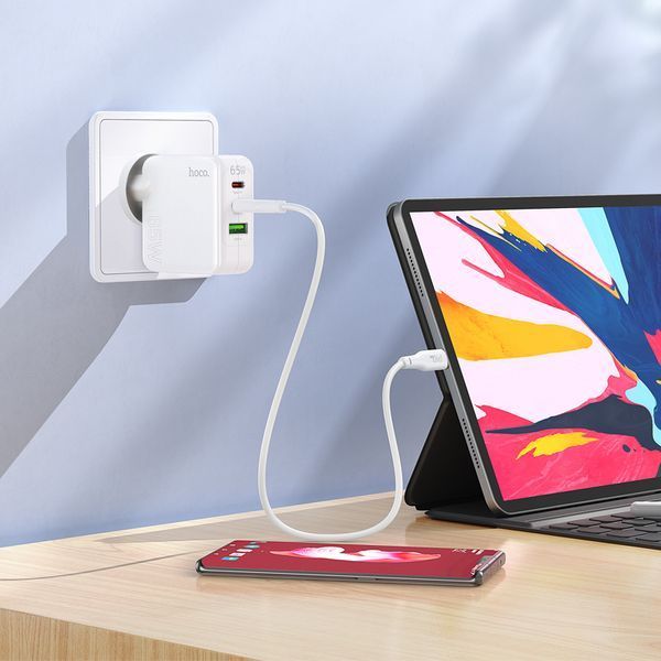 Мережевий зарядний пристрій HOCO C115A Header PD65W GaN three-port(2C1A) charger White