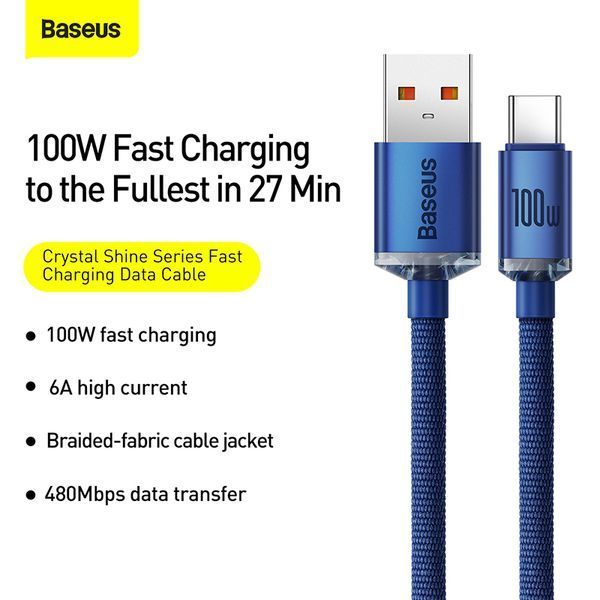 Кабель Baseus Crystal Shine Series Fast Charging Data Cable USB to Type-C 100W 2m Blue