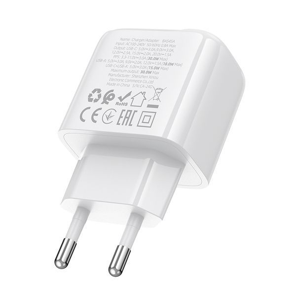 Сетевое зарядное устройство для BOROFONE BAS45A Potential PD30W+QC3.0 charger(EU) White