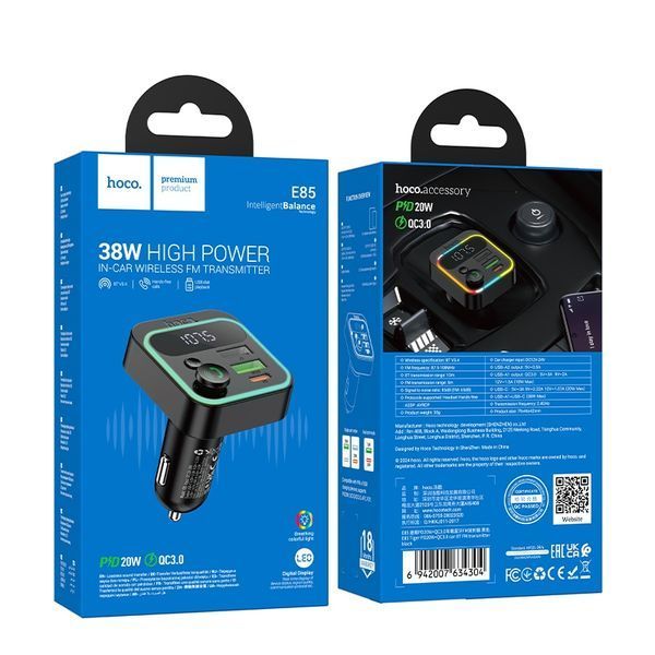 ОЗУ с FM-модулятором HOCO E85 Tiger PD20W+QC3.0 car BT FM transmitter Black