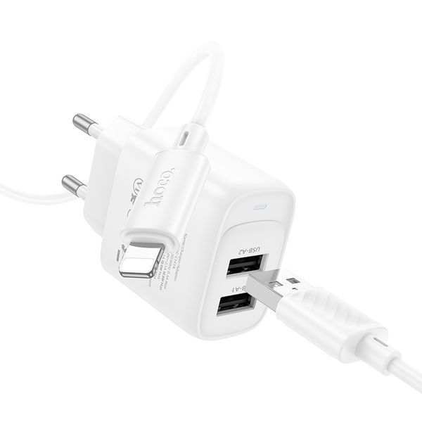 Сетевое зарядное устройство с кабелем HOCO C141A Smart dual-port charger set(iP) White