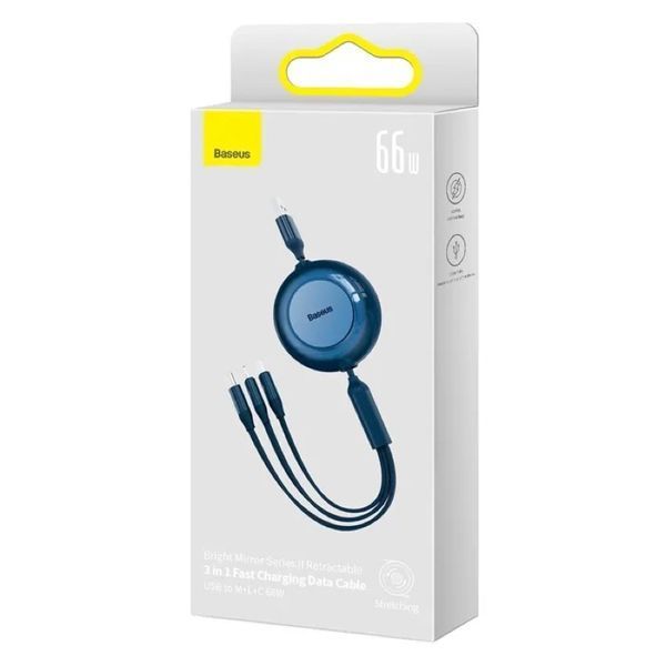 Кабель Baseus Bright Mirror 2 Series Retractable 3-in-1 Fast Charging Data Cable USB to M+L+C 66W 1.1m Blue
