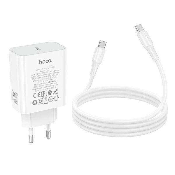 Сетевое зарядное устройство HOCO C162A Source single port PD40W charger set(C to C) White