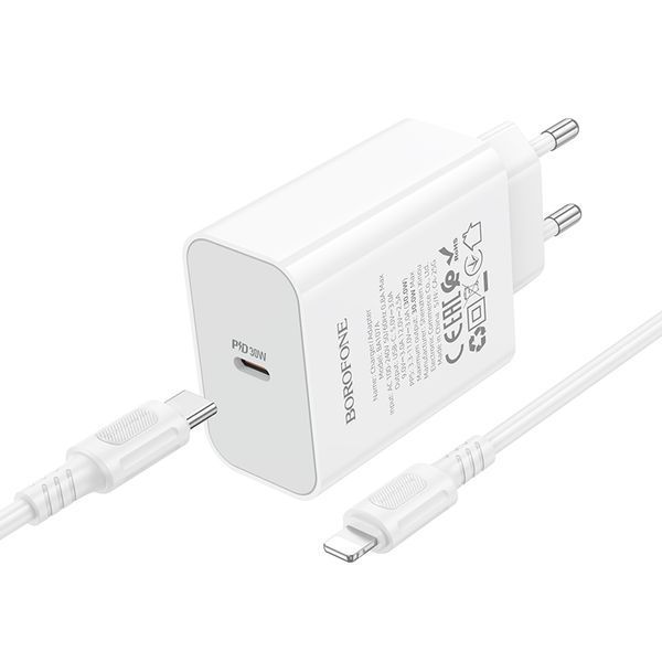 Сетевое зарядное устройство с кабелем BOROFONE BA107A Stellar single port PD30W Charger Set (C to iP) (EU) White