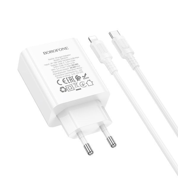 Сетевое зарядное устройство с кабелем BOROFONE BA107A Stellar single port PD30W Charger Set (C to iP) (EU) White