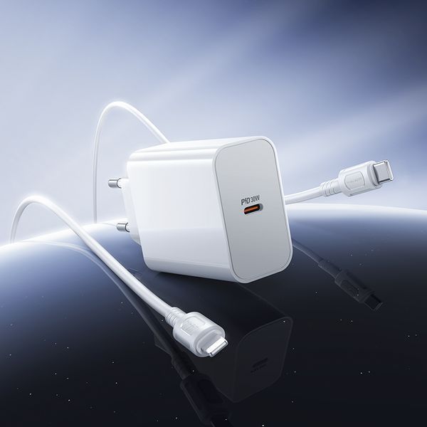 Сетевое зарядное устройство с кабелем BOROFONE BA107A Stellar single port PD30W Charger Set (C to iP) (EU) White