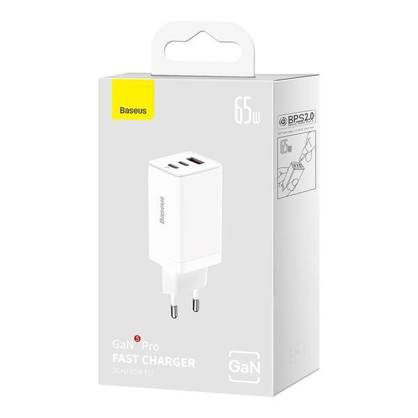 Мережевий зарядний пристрій з кабелем Baseus GaN5 Pro Fast Charger 2C+U 65W EU White (Baseus Xiaobai charging Cable Type-C to Type-C 100W)