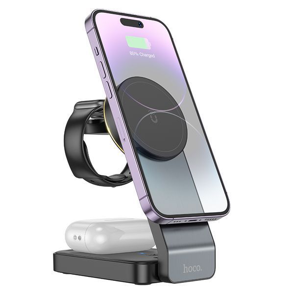 Беспроводное мультизарядное устройство HOCO CQ3 Motorcycle folding 3-in-1 magnetic wireless fast charger Black