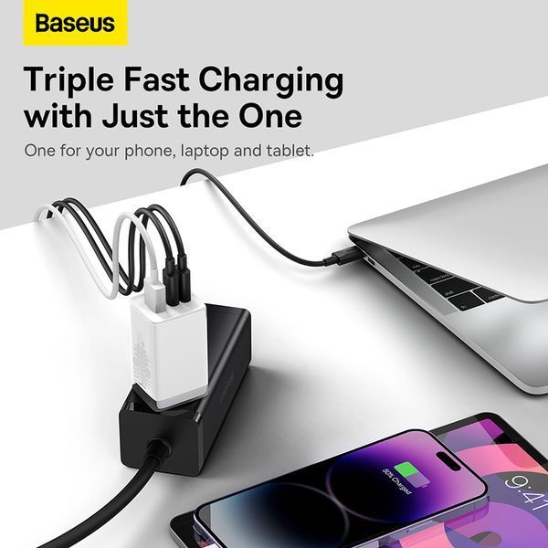 Мережевий зарядний пристрій з кабелем Baseus GaN5 Pro Fast Charger 2C+U 65W EU White (Baseus Xiaobai charging Cable Type-C to Type-C 100W)
