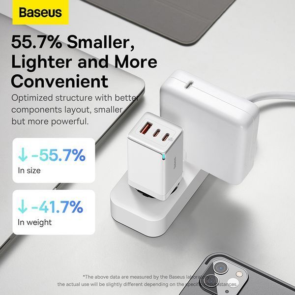 Мережевий зарядний пристрій з кабелем Baseus GaN5 Pro Fast Charger 2C+U 65W EU White (Baseus Xiaobai charging Cable Type-C to Type-C 100W)