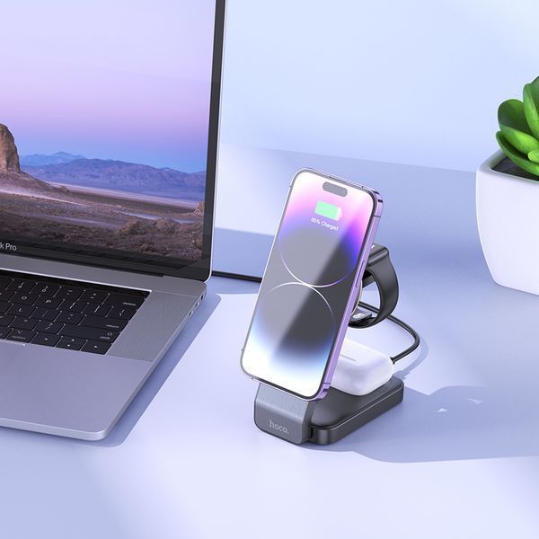 Беспроводное мультизарядное устройство HOCO CQ3 Motorcycle folding 3-in-1 magnetic wireless fast charger Black